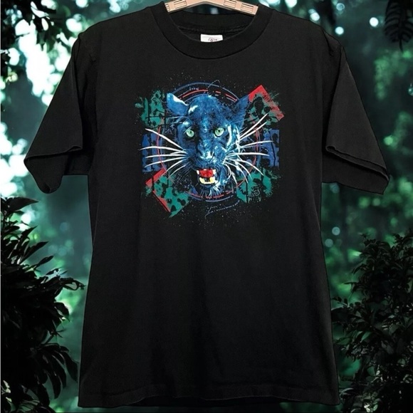 Vtg 90s T Shirt Sz M Streetwear Single Stitch Abstract Black Panther Cat USA EUC - Picture 1 of 12
